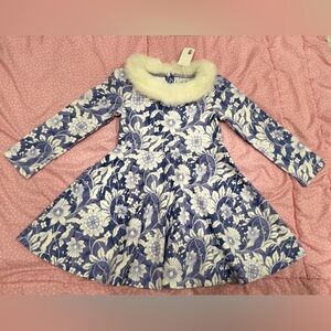 4, Janie and Jack Blue Floral Faux Fur Collar Dress NWT